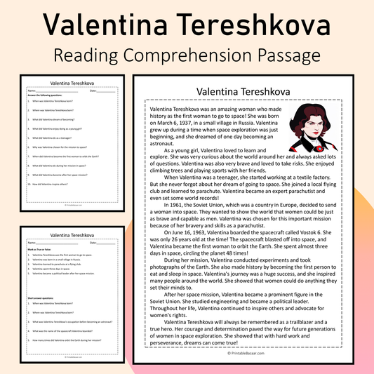 Valentina Tereshkova | Reading Comprehension Passage Printable Activity