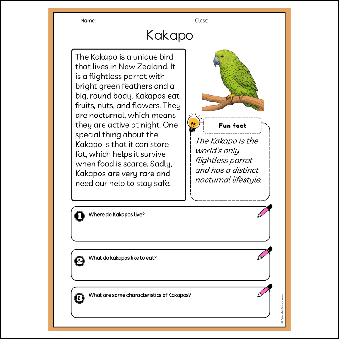 Kakapo | Reading Passage Comprehension Questions Writing Facts Worksheet