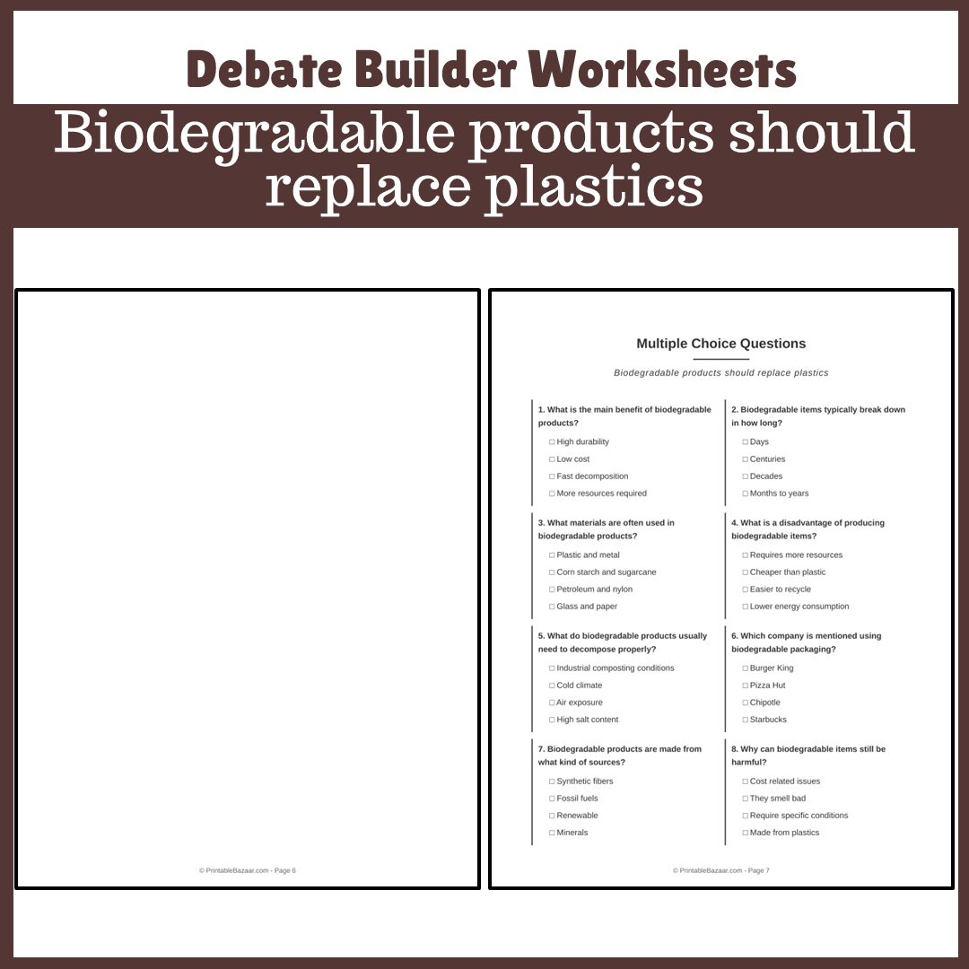 Biodegradable products should replace plastics | Favour and Against Worksheet Printable Activity