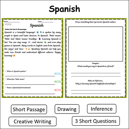 Spanish | Short Reading Comprehension Creative Worksheet