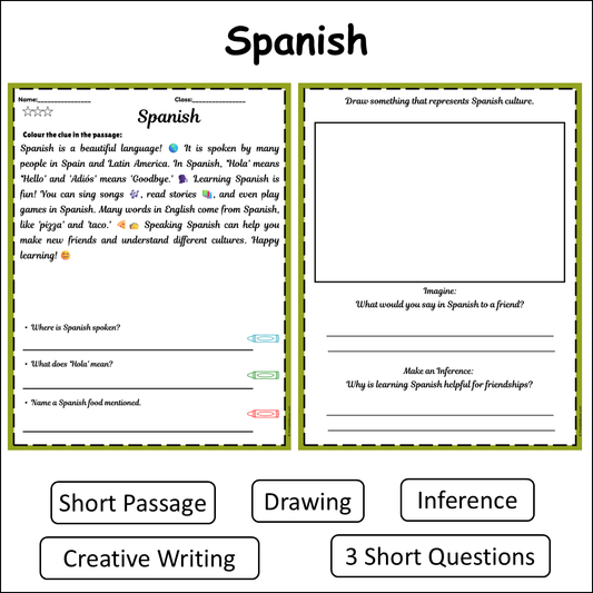 Spanish | Short Reading Comprehension Creative Worksheet
