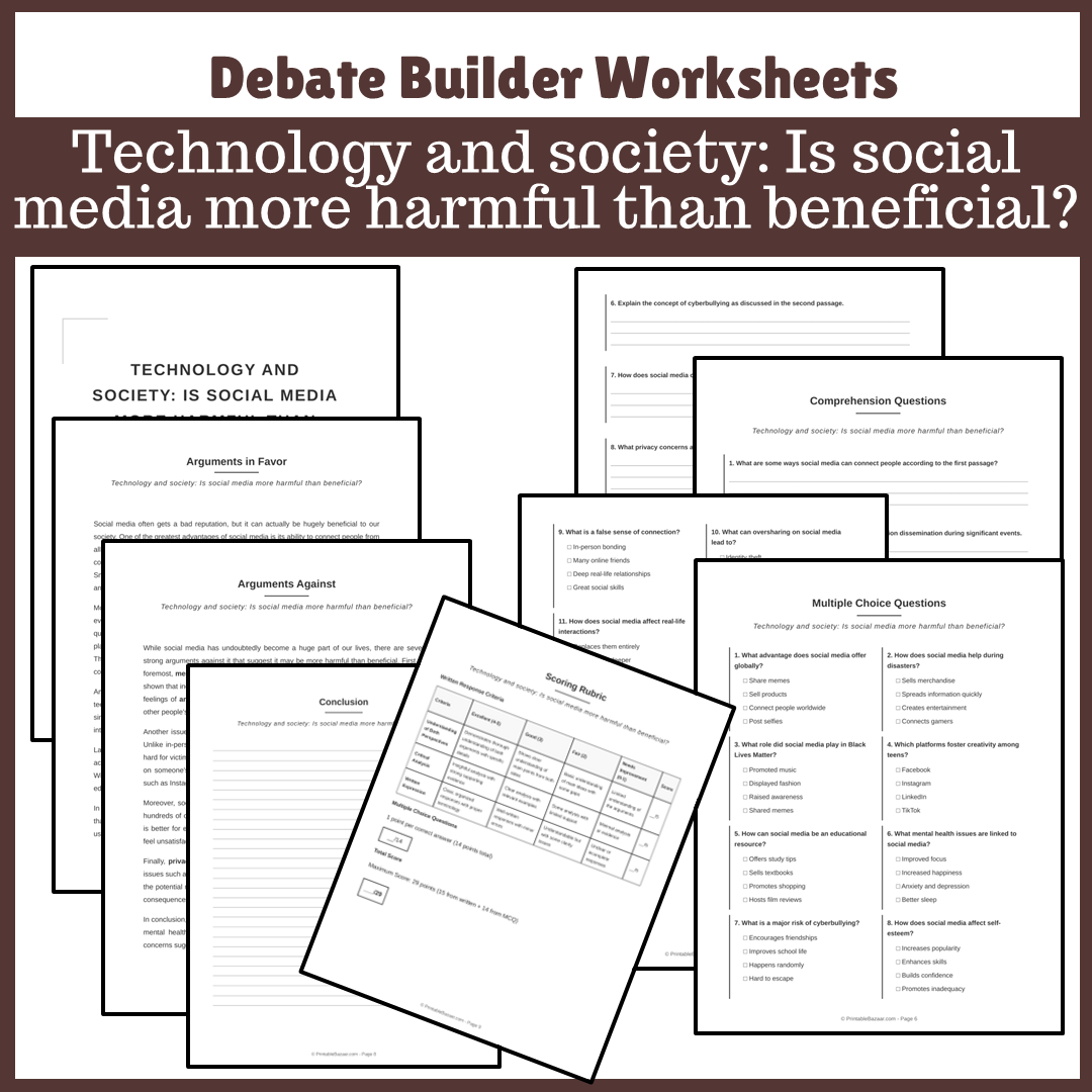 Technology and society: Is social media more harmful than beneficial? | Favour and Against Worksheet Printable Activity