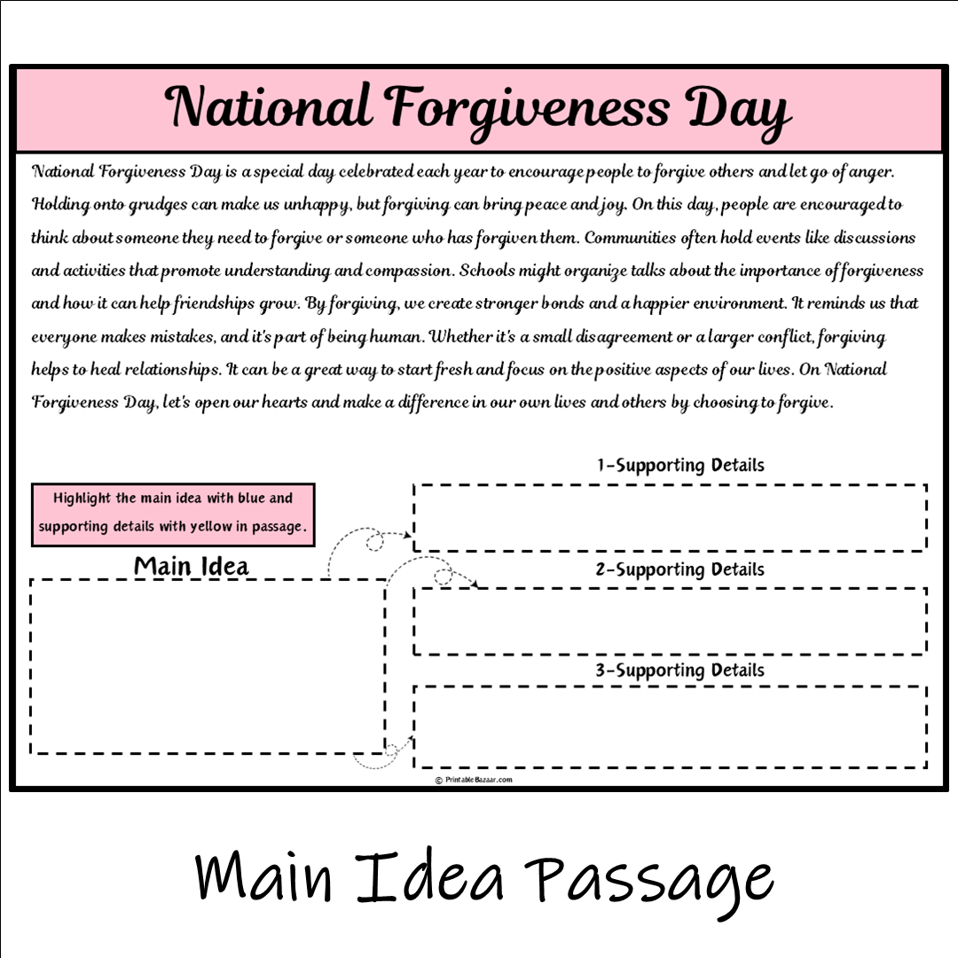 National Forgiveness Day | Main Idea and Supporting Details Reading Passage and Questions