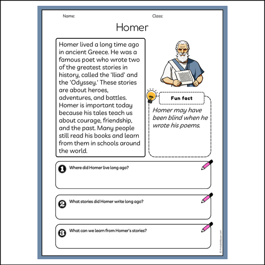 Homer | Reading Passage Comprehension Questions Writing Facts Worksheet