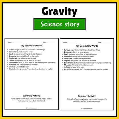 Gravity | Science Story Reading Comprehension Activity