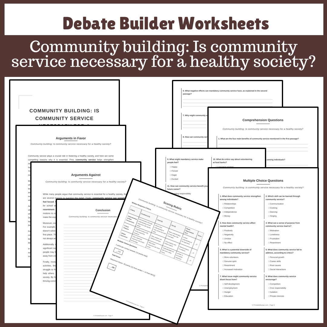 Community building: Is community service necessary for a healthy society? | Favour and Against Worksheet Printable Activity