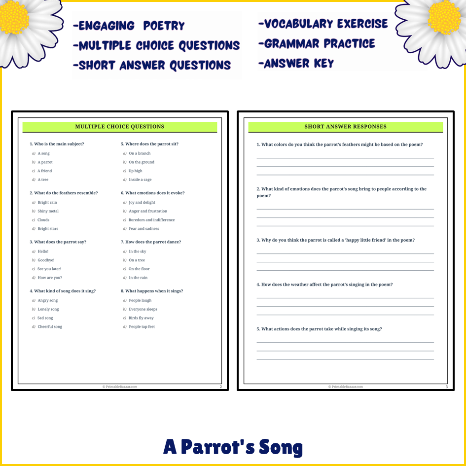 A Parrot's Song | Poem Grammar Worksheet Printable Activity