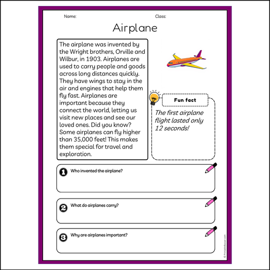 Airplane | Reading Passage Comprehension Questions Writing Facts Worksheet