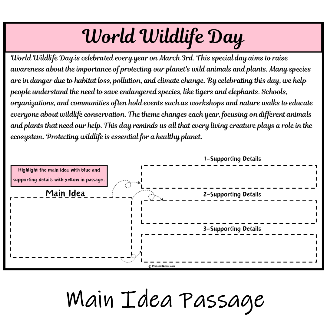 World Wildlife Day | Main Idea and Supporting Details Reading Passage and Questions