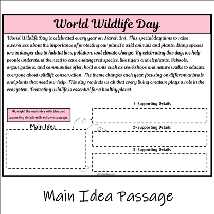 World Wildlife Day | Main Idea and Supporting Details Reading Passage and Questions