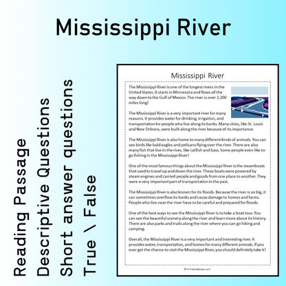 Mississippi River | Reading Comprehension Passage Printable Worksheet