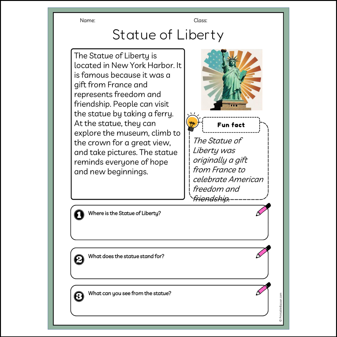 Statue of Liberty | Reading Passage Comprehension Questions Writing Facts Worksheet