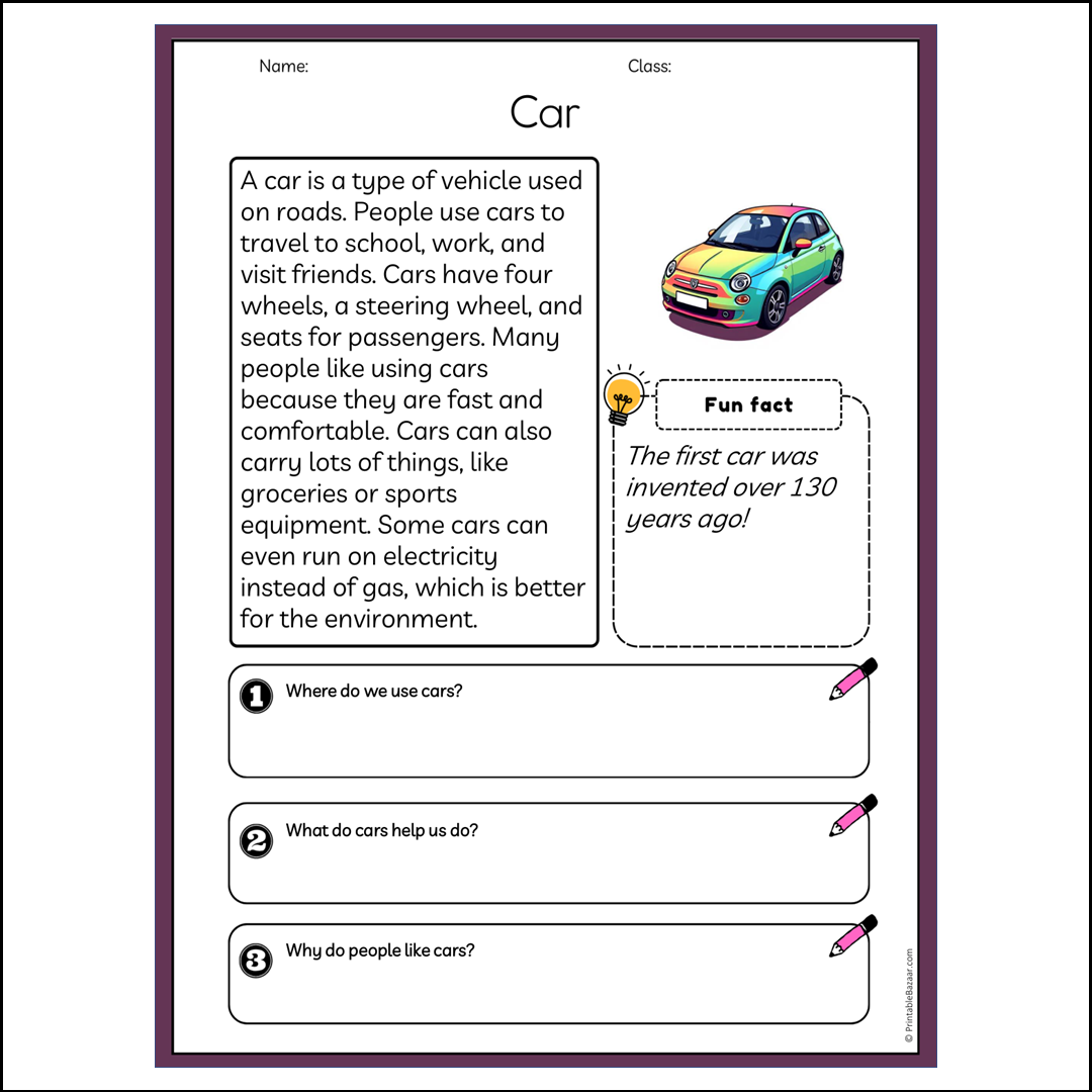 Car | Reading Passage Comprehension Questions Writing Facts Worksheet