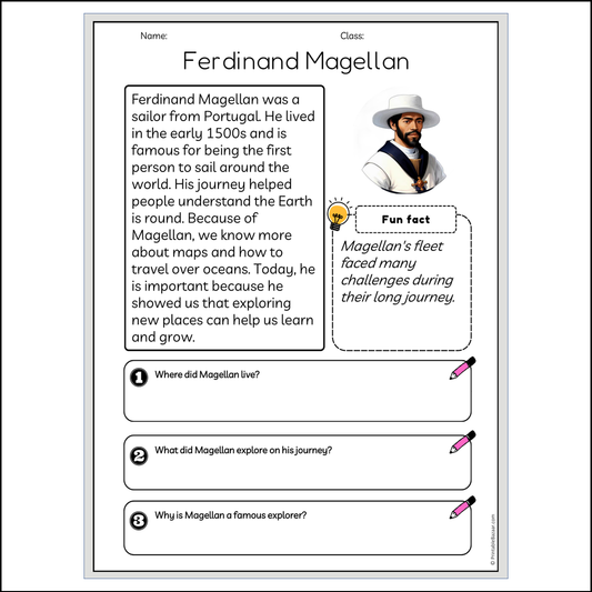 Ferdinand Magellan | Reading Passage Comprehension Questions Writing Facts Worksheet