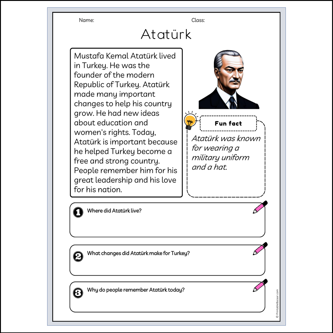 Atatürk | Reading Passage Comprehension Questions Writing Facts Worksheet