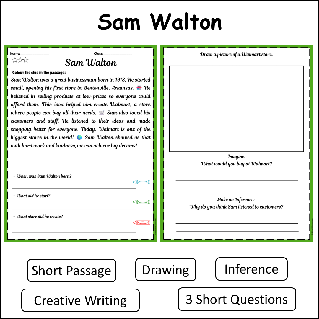 Sam Walton | Short Reading Comprehension Creative Worksheet