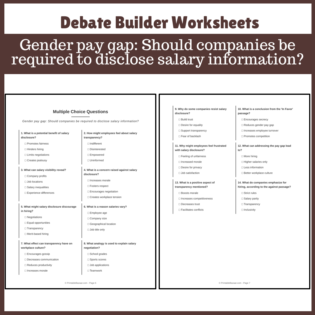 Gender pay gap: Should companies be required to disclose salary information? | Favour and Against Worksheet Printable Activity