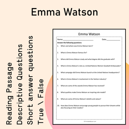 Emma Watson | Reading Comprehension Passage Printable Activity