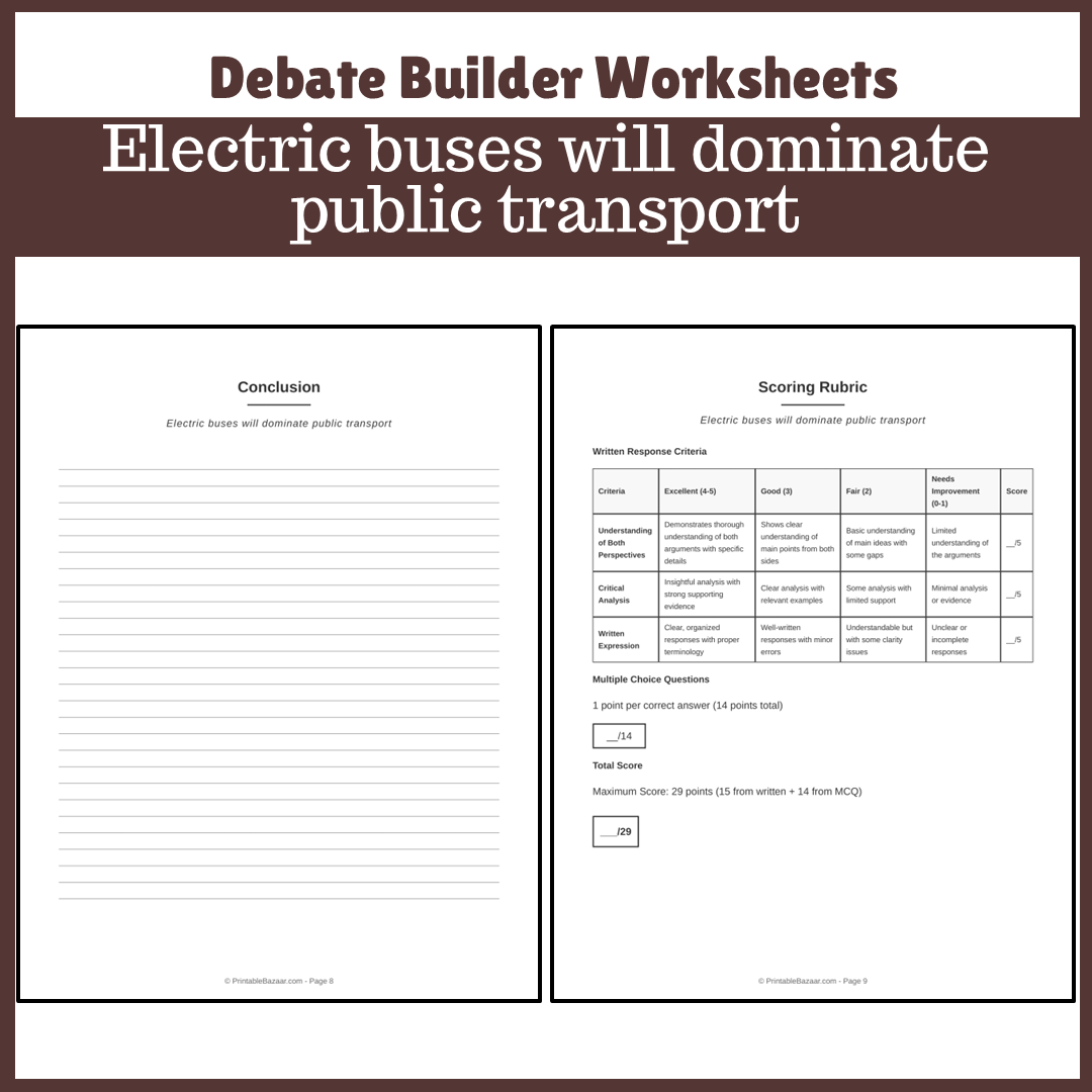 Electric buses will dominate public transport | Favour and Against Worksheet Printable Activity