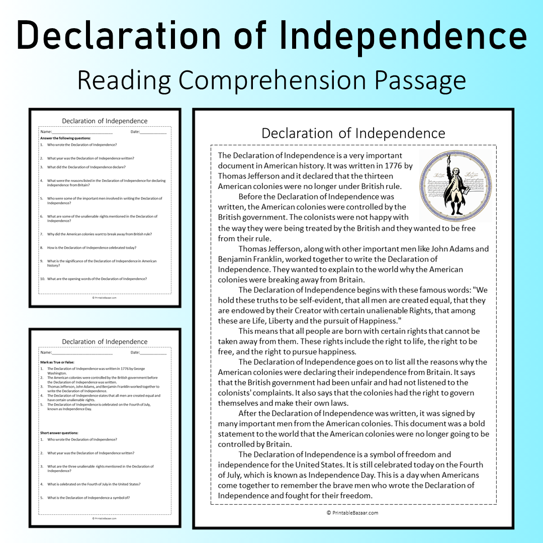 Declaration of Independence | Reading Comprehension Passage Printable Worksheet