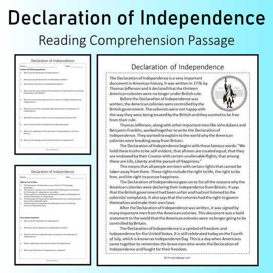 Declaration of Independence | Reading Comprehension Passage Printable Worksheet