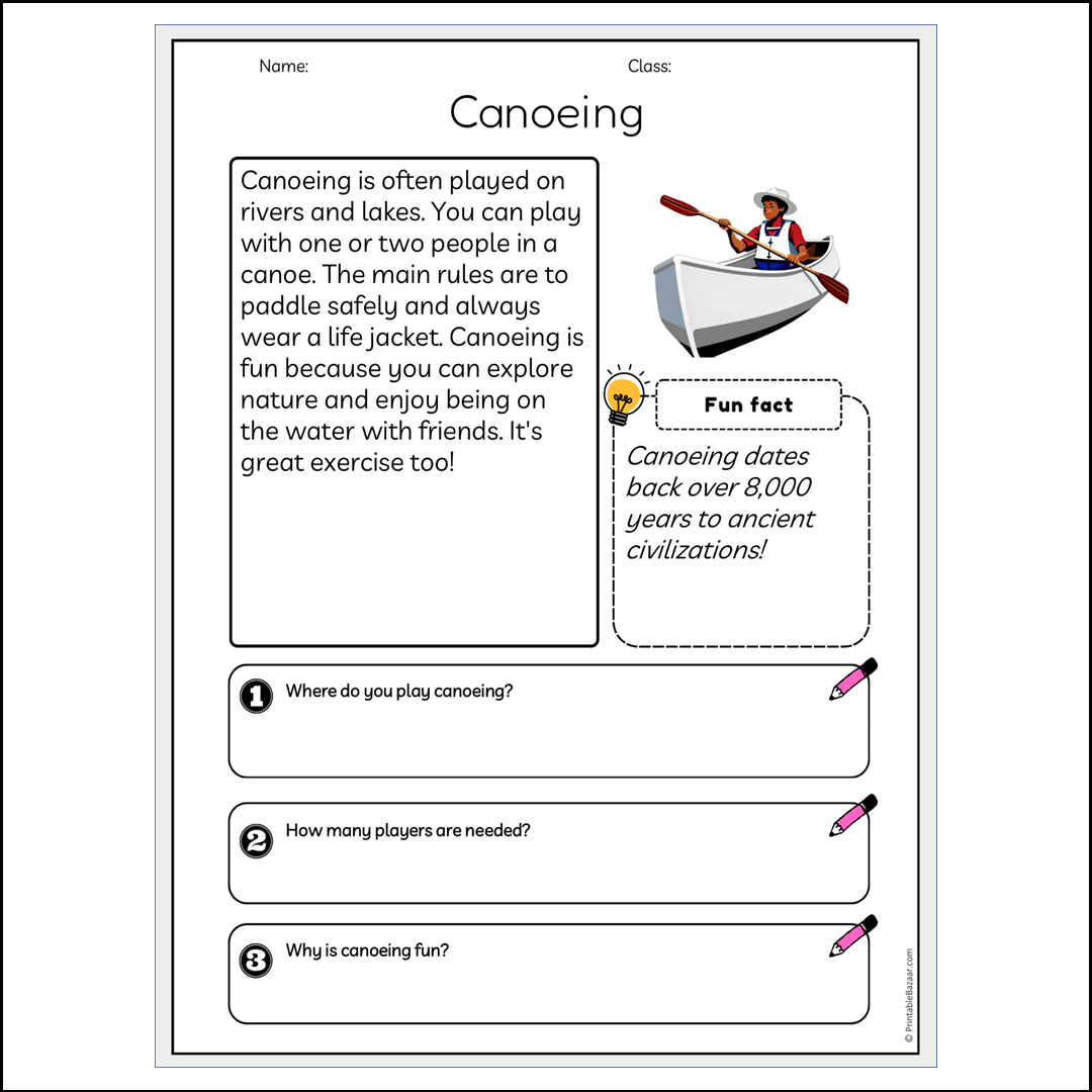 Canoeing | Reading Passage Comprehension Questions Writing Facts Worksheet