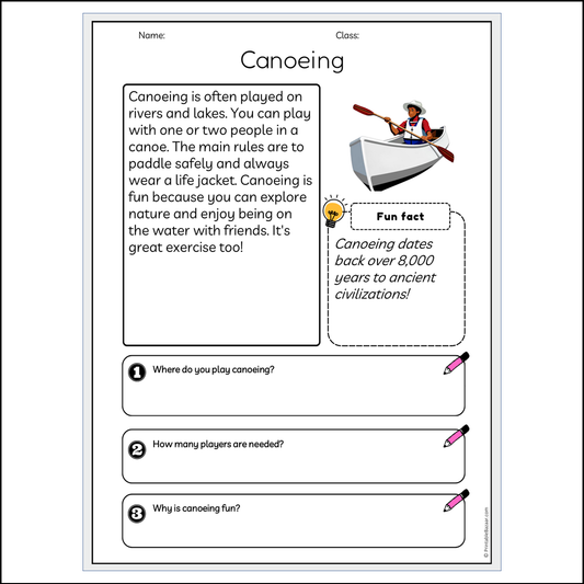 Canoeing | Reading Passage Comprehension Questions Writing Facts Worksheet