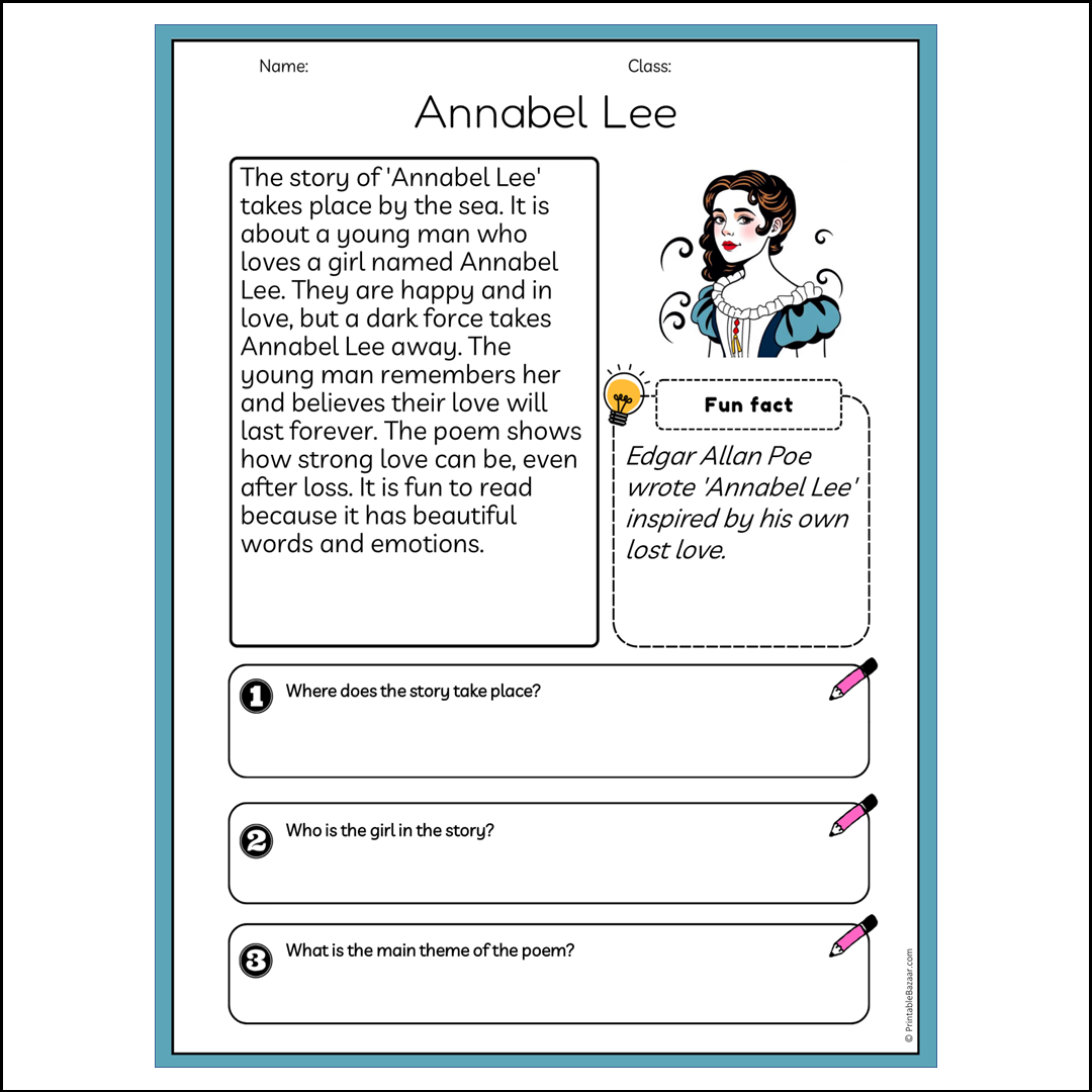 Annabel Lee | Reading Passage Comprehension Questions Writing Facts Worksheet