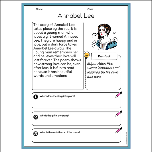 Annabel Lee | Reading Passage Comprehension Questions Writing Facts Worksheet