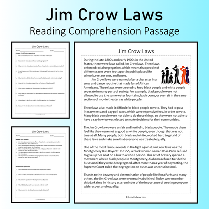 Jim Crow Laws | Reading Comprehension Passage Printable Worksheet