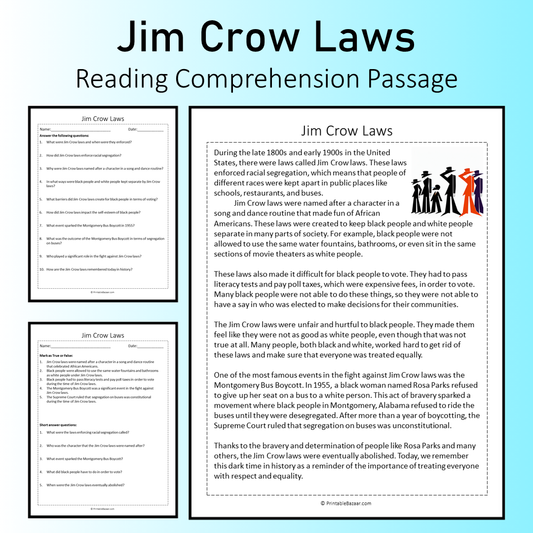 Jim Crow Laws | Reading Comprehension Passage Printable Worksheet