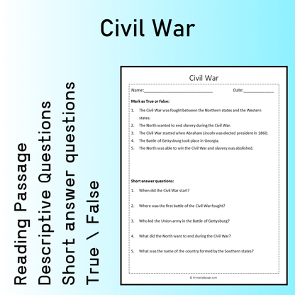 Civil War | Reading Comprehension Passage Printable Worksheet