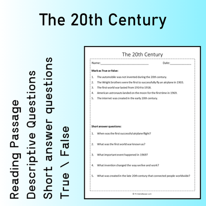 The 20th Century | Reading Comprehension Passage Printable Worksheet