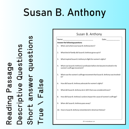 Susan B. Anthony | Reading Comprehension Passage Printable Worksheet