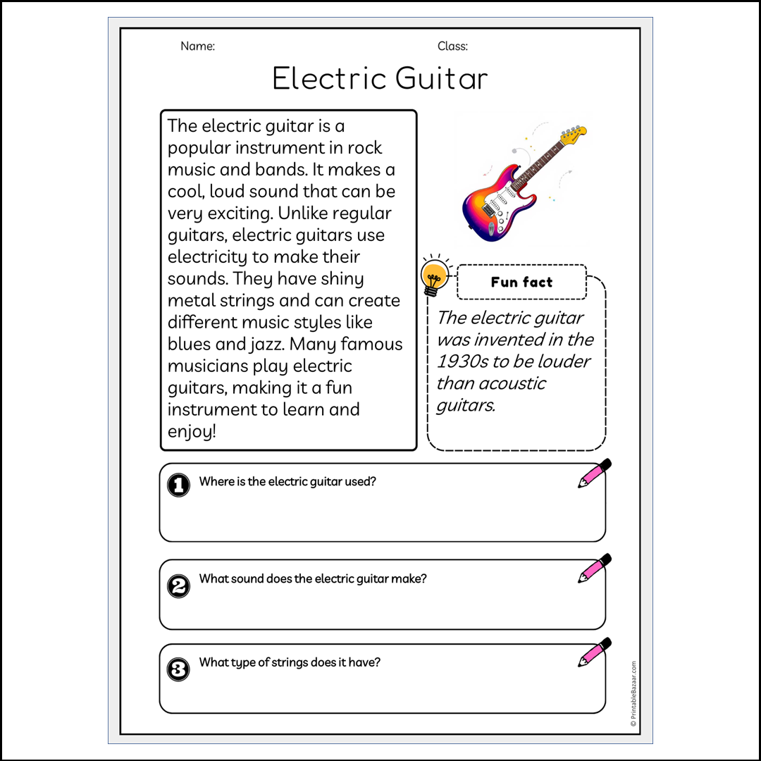 Electric Guitar | Reading Passage Comprehension Questions Writing Facts Worksheet