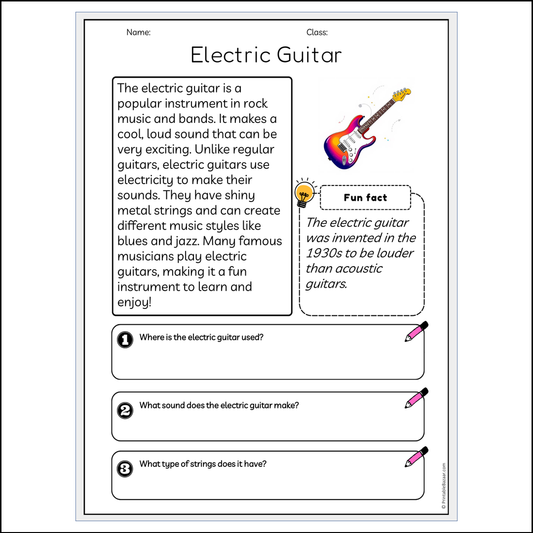 Electric Guitar | Reading Passage Comprehension Questions Writing Facts Worksheet