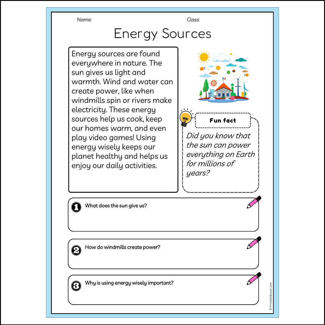 Energy Sources | Reading Passage Comprehension Questions Writing Facts Worksheet