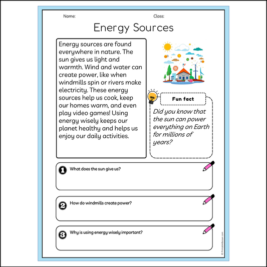 Energy Sources | Reading Passage Comprehension Questions Writing Facts Worksheet