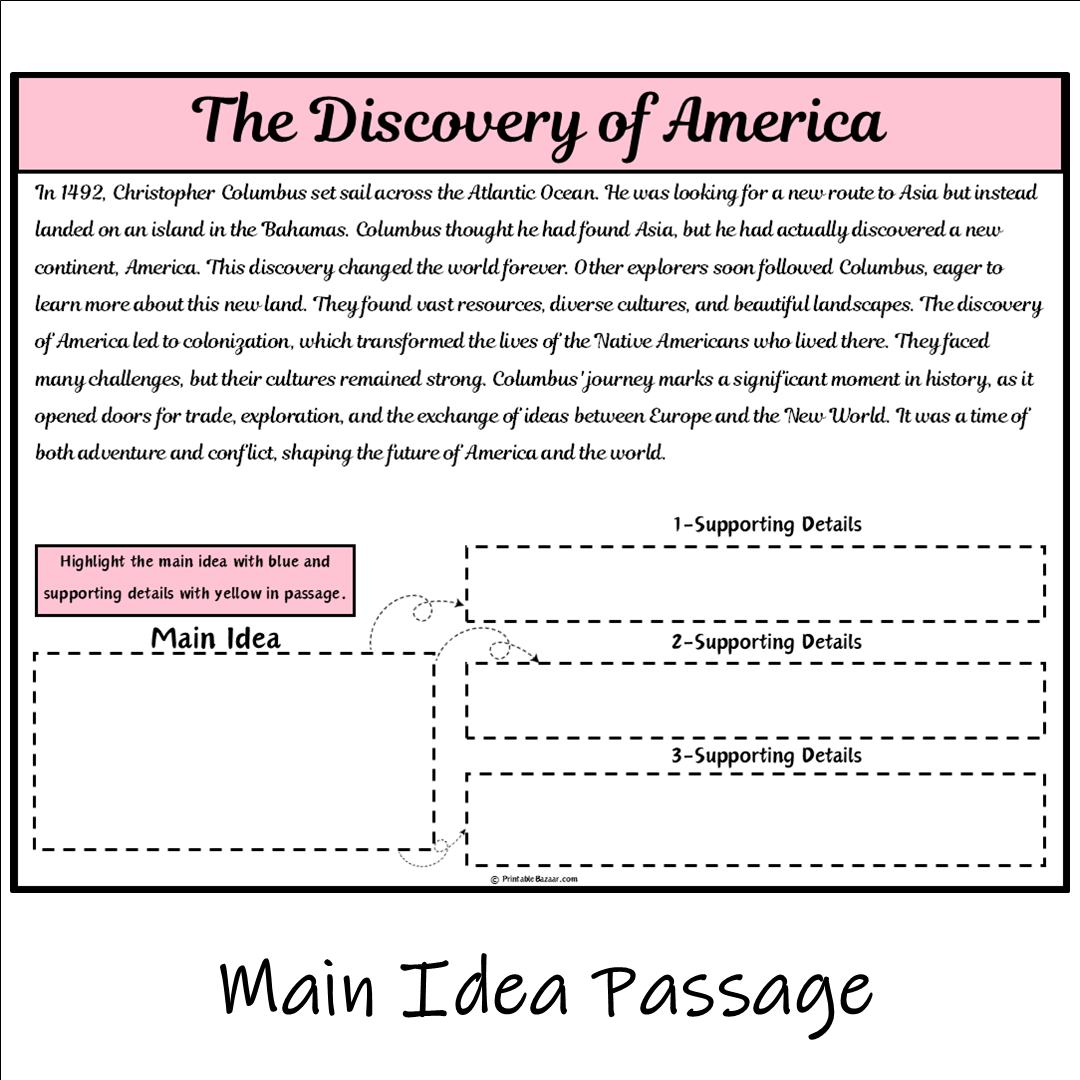 The Discovery of America | Main Idea and Supporting Details Reading Passage and Questions