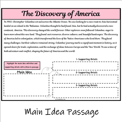 The Discovery of America | Main Idea and Supporting Details Reading Passage and Questions