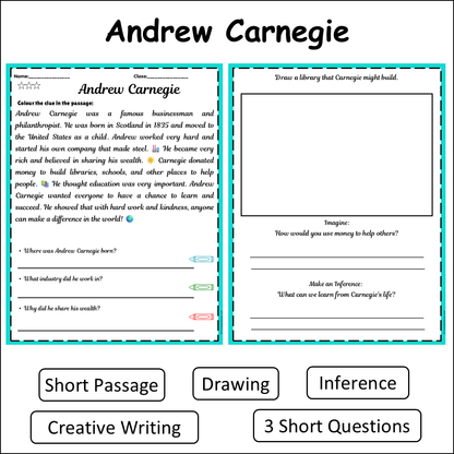 Andrew Carnegie | Short Reading Comprehension Creative Worksheet