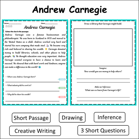 Andrew Carnegie | Short Reading Comprehension Creative Worksheet
