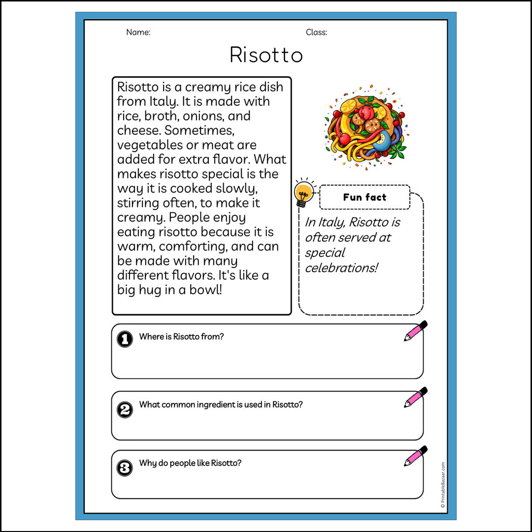 Risotto | Reading Passage Comprehension Questions Writing Facts Worksheet