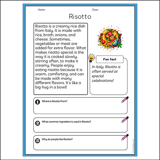 Risotto | Reading Passage Comprehension Questions Writing Facts Worksheet