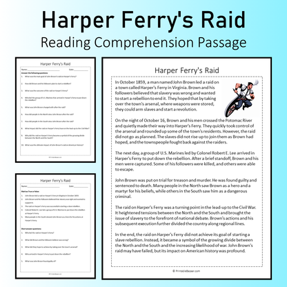 Harper Ferry's Raid | Reading Comprehension Passage Printable Worksheet