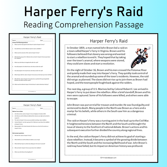 Harper Ferry's Raid | Reading Comprehension Passage Printable Worksheet