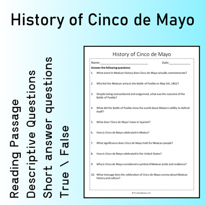 History of Cinco de Mayo | Reading Comprehension Passage Printable Worksheet