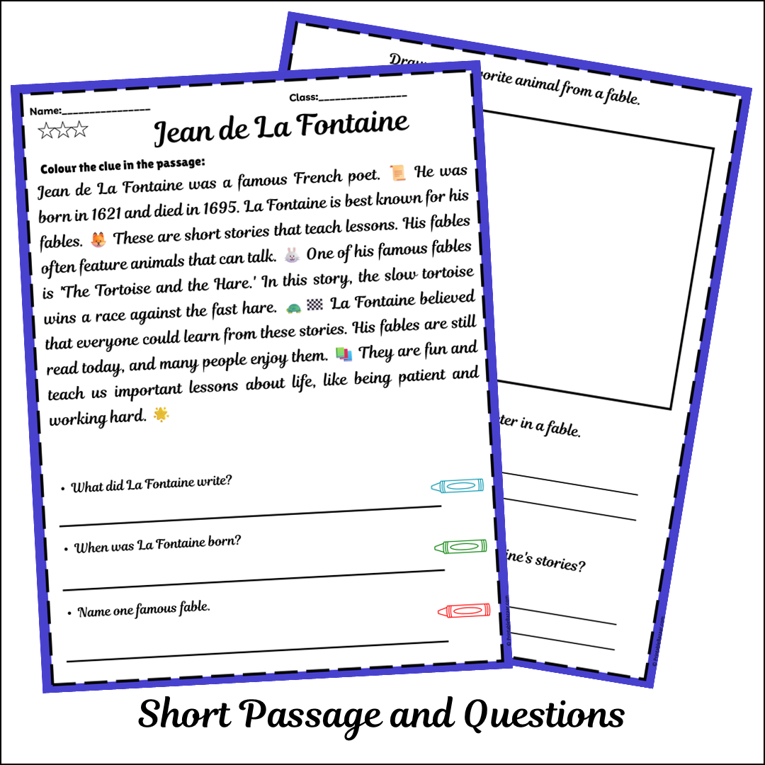 Jean de La Fontaine | Short Reading Comprehension Creative Worksheet