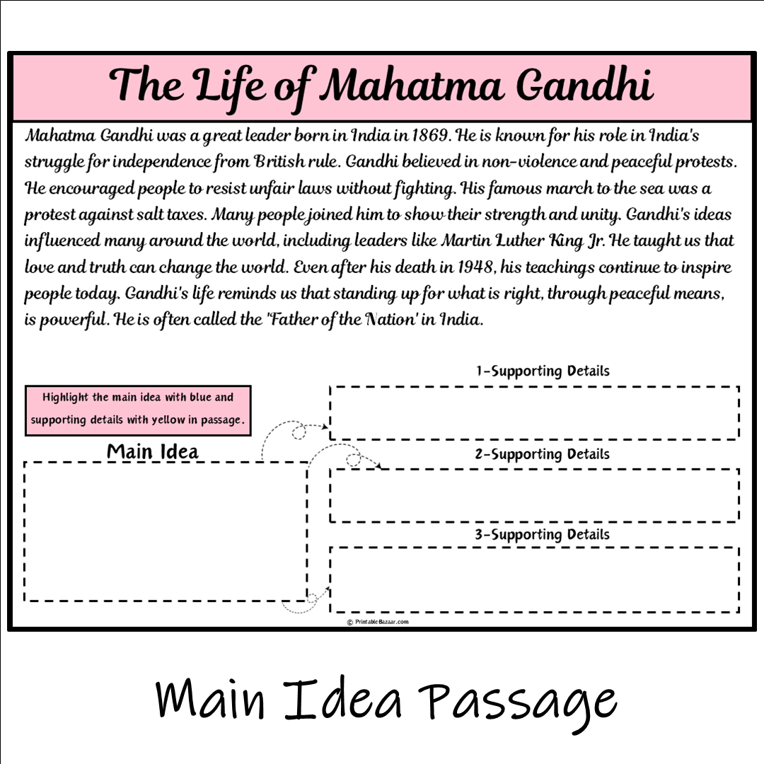 The Life of Mahatma Gandhi | Main Idea and Supporting Details Reading Passage and Questions