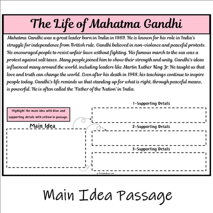 The Life of Mahatma Gandhi | Main Idea and Supporting Details Reading Passage and Questions